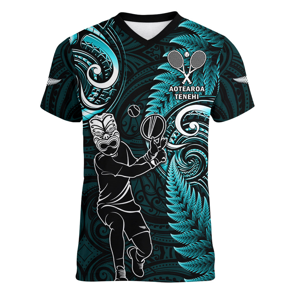 New Zealand Tiki Tennis Women V Neck T Shirt 2024 Aotearoa Tenehi Maori Silver Fern - Turquoise LT14 Female Turquoise - Polynesian Pride