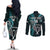 Custom New Zealand Tiki Tennis Couples Matching Off The Shoulder Long Sleeve Dress and Long Sleeve Button Shirt 2024 Aotearoa Tenehi Maori Silver Fern - Turquoise LT14 - Polynesian Pride