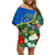 Personalised Halo Olaketa Solomon Islands Off Shoulder Short Dress Coat Of Arms With Tropical Flowers Flag Style LT14 Women Green - Polynesian Pride