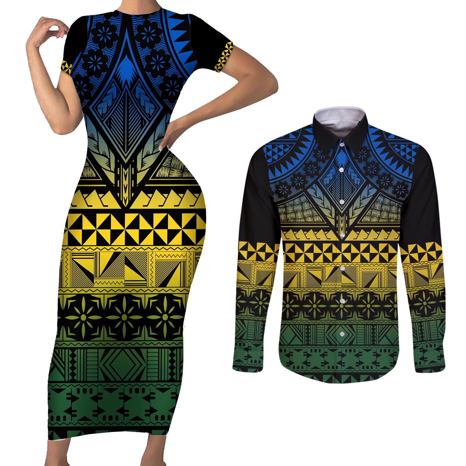Halo Olaketa Solomon Islands Couples Matching Short Sleeve Bodycon Dress and Long Sleeve Button Shirt Melanesian Tribal Pattern Gradient Version LT14 Black - Polynesian Pride