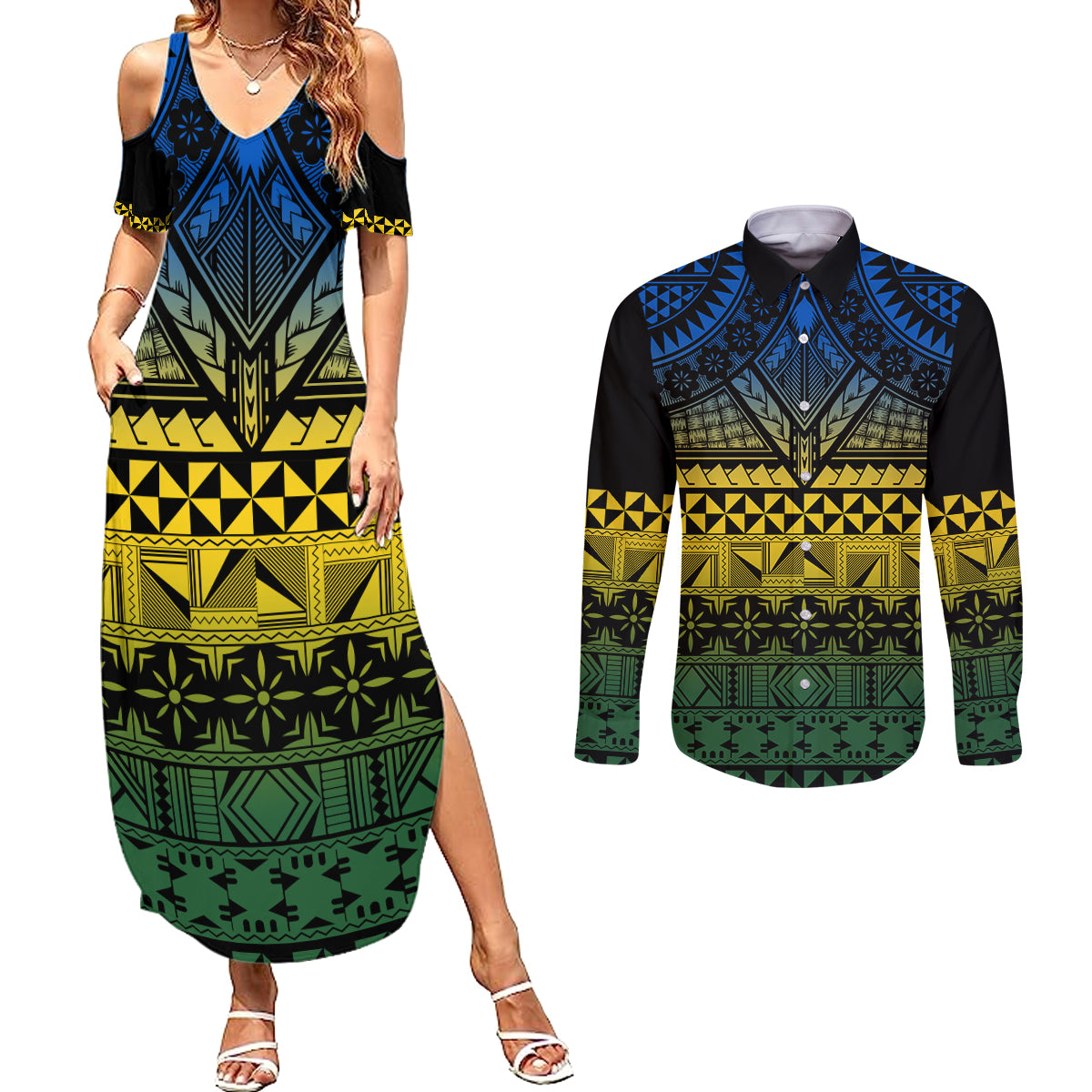 Halo Olaketa Solomon Islands Couples Matching Summer Maxi Dress and Long Sleeve Button Shirt Melanesian Tribal Pattern Gradient Version LT14 Black - Polynesian Pride