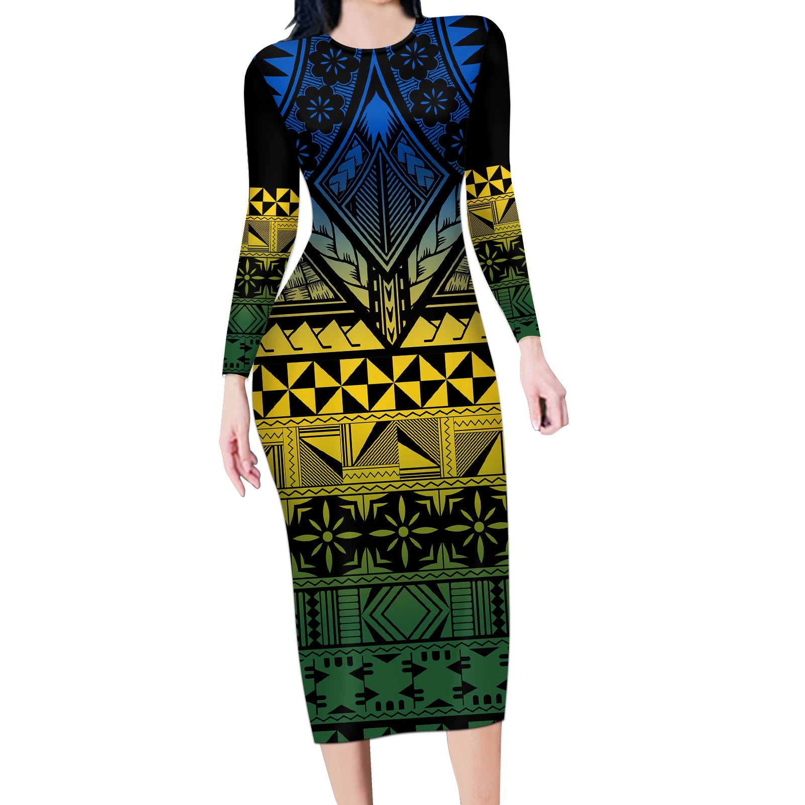 Halo Olaketa Solomon Islands Long Sleeve Bodycon Dress Melanesian Tribal Pattern Gradient Version LT14 Long Dress Black - Polynesian Pride