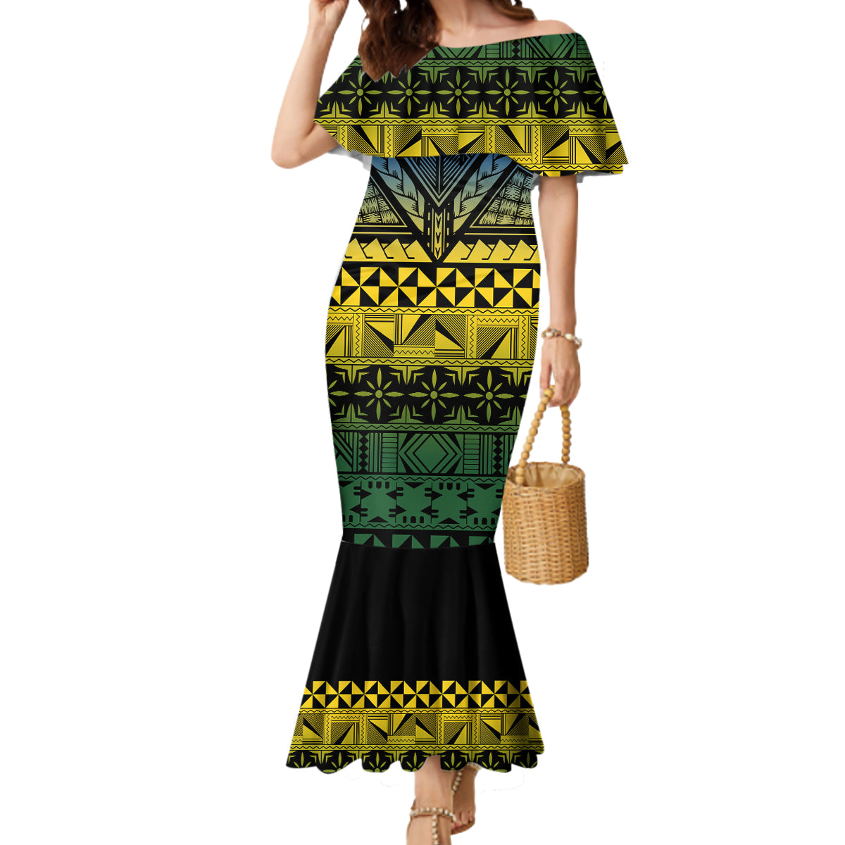 Halo Olaketa Solomon Islands Mermaid Dress Melanesian Tribal Pattern Gradient Version LT14 Women Black - Polynesian Pride