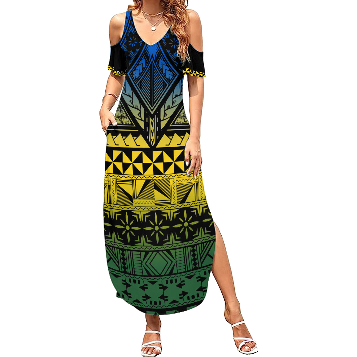 Halo Olaketa Solomon Islands Summer Maxi Dress Melanesian Tribal Pattern Gradient Version LT14 Women Black - Polynesian Pride