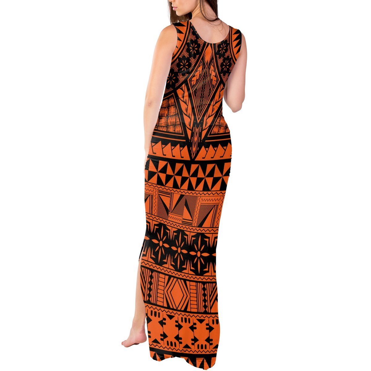 Halo Olaketa Solomon Islands Tank Maxi Dress Melanesian Tribal Pattern Orange Version LT14 - Polynesian Pride