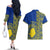 Fakaalofa Lahi Atu Niue Couples Matching Off The Shoulder Long Sleeve Dress and Hawaiian Shirt Niuean Map With Hiapo Pattern Blue Version LT14 - Polynesian Pride