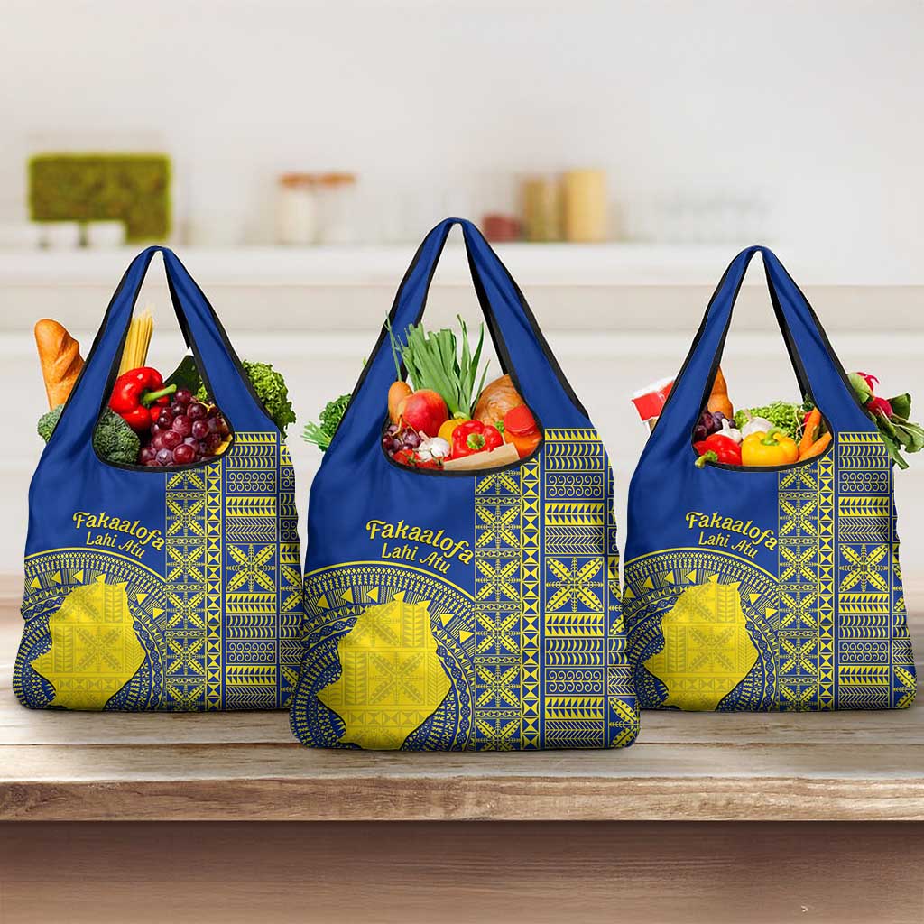 Fakaalofa Lahi Atu Niue Grocery Bag Niuean Map With Hiapo Pattern Blue Version LT14 3-pack One Size Blue - Polynesian Pride