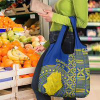 Fakaalofa Lahi Atu Niue Grocery Bag Niuean Map With Hiapo Pattern Blue Version LT14 - Polynesian Pride