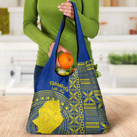 Fakaalofa Lahi Atu Niue Grocery Bag Niuean Map With Hiapo Pattern Blue Version LT14 - Polynesian Pride