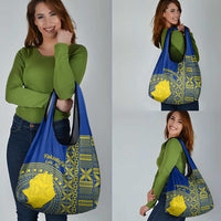 Fakaalofa Lahi Atu Niue Grocery Bag Niuean Map With Hiapo Pattern Blue Version LT14 - Polynesian Pride