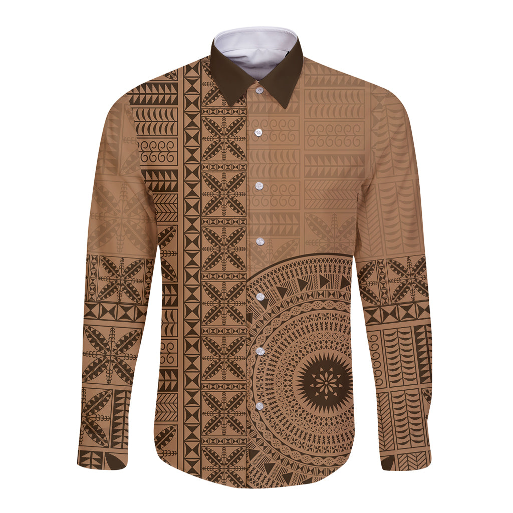 Fakaalofa Lahi Atu Niue Long Sleeve Button Shirt Vintage Hiapo Pattern Brown Version LT14 Unisex Brown - Polynesian Pride
