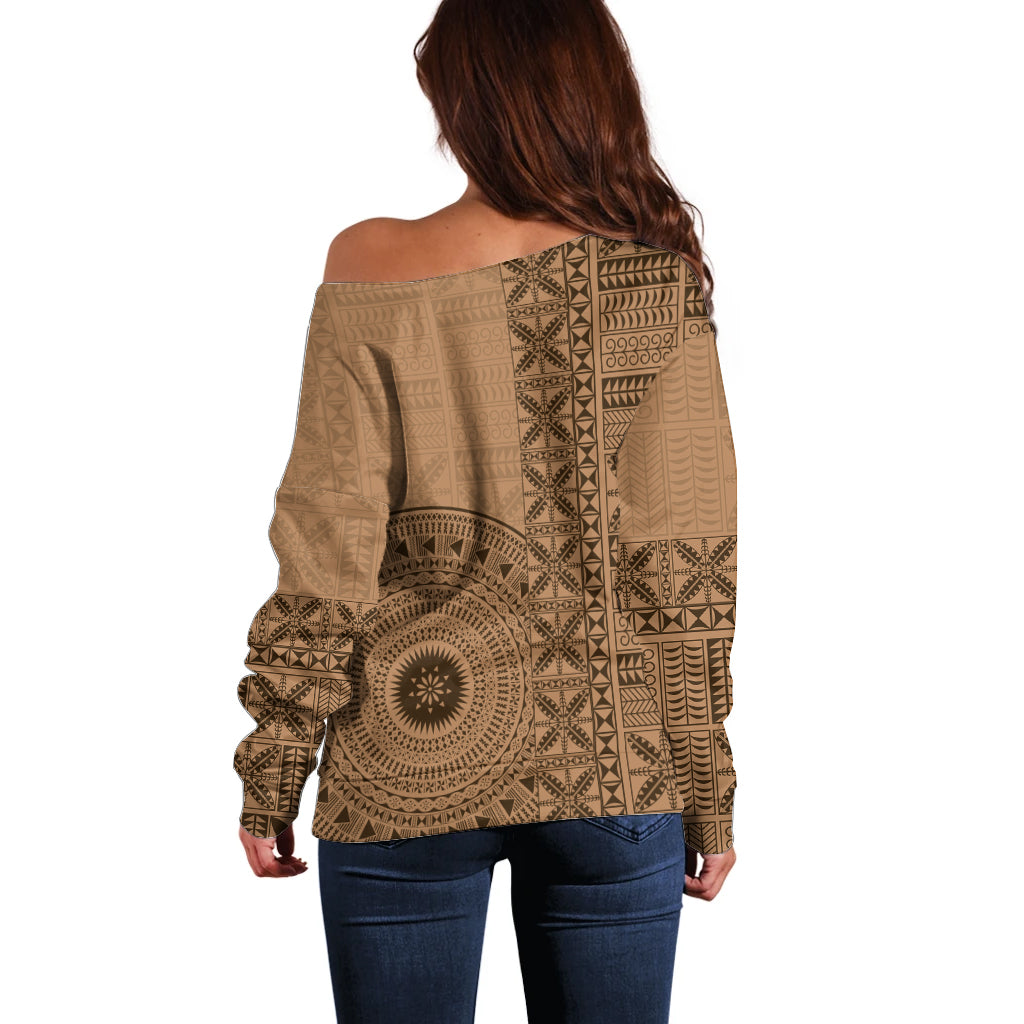 Fakaalofa Lahi Atu Niue Off Shoulder Sweater Vintage Hiapo Pattern Brown Version LT14 - Polynesian Pride