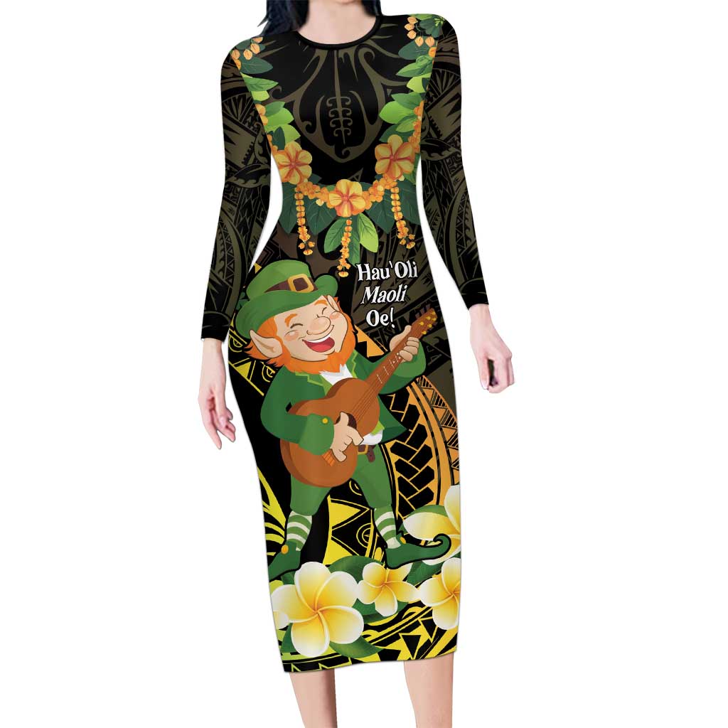 Hawaii Saint Patrick's Day Long Sleeve Bodycon Dress Ukulele Leprechaun Hau'Oli Maoli Oe! LT14 Long Dress Reggae - Polynesian Pride
