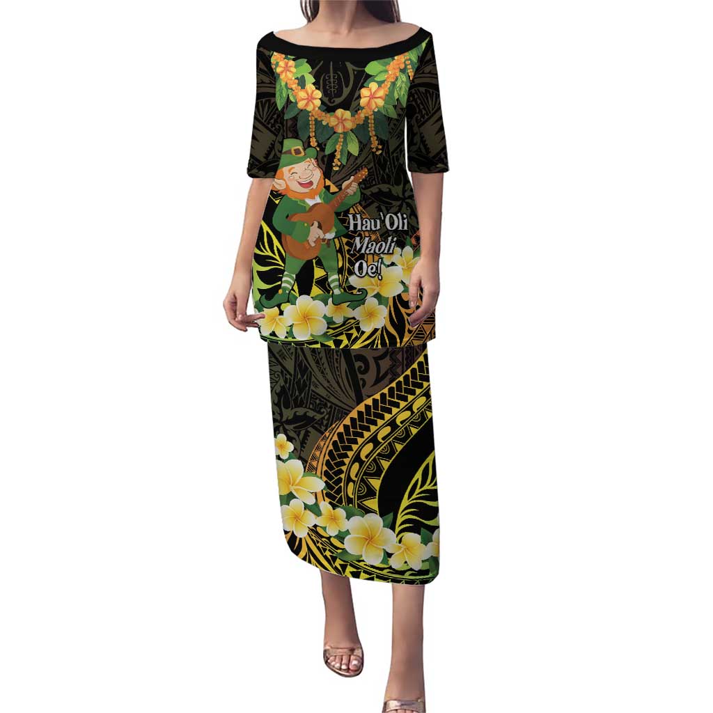 Hawaii Saint Patrick's Day Puletasi Ukulele Leprechaun Hau'Oli Maoli Oe! LT14 Long Dress Reggae - Polynesian Pride