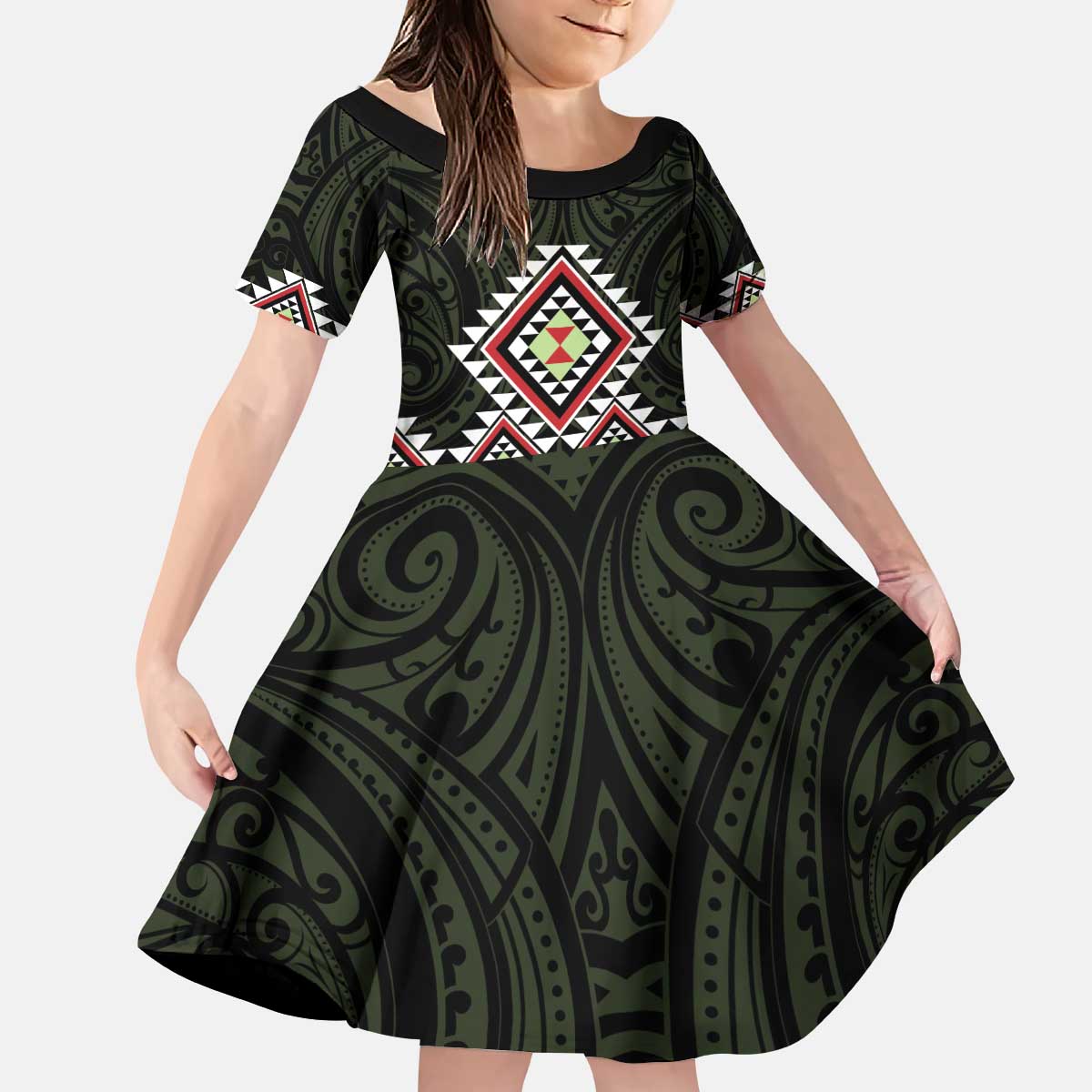 Kia Ora Aotearoa Kid Short Sleeve Dress 2025 Pasifika Maori Taniko Motifs LT14 KID Black - Polynesian Pride
