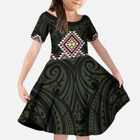 Kia Ora Aotearoa Kid Short Sleeve Dress 2025 Pasifika Maori Taniko Motifs LT14 KID Black - Polynesian Pride