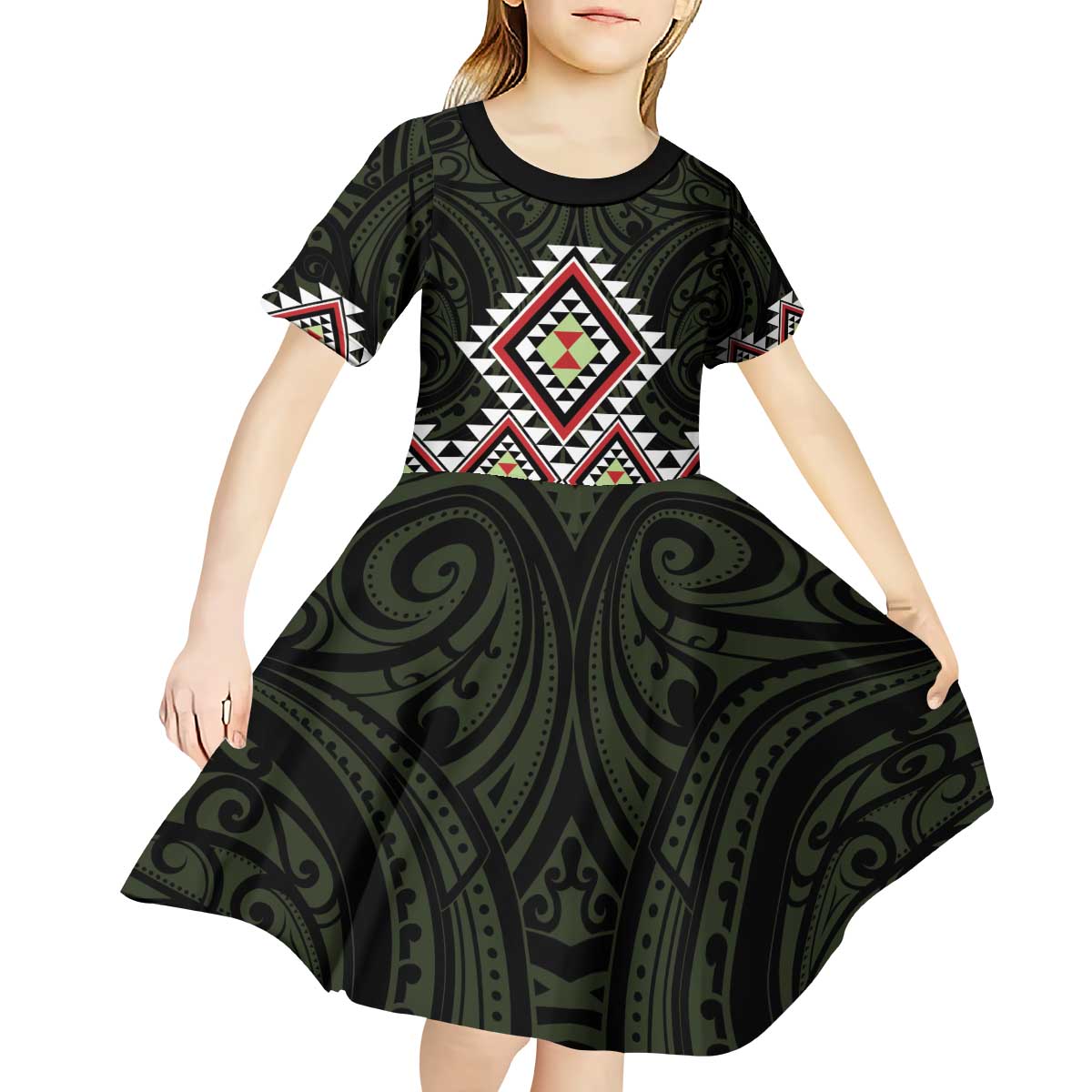 Kia Ora Aotearoa Kid Short Sleeve Dress 2025 Pasifika Maori Taniko Motifs LT14 - Polynesian Pride