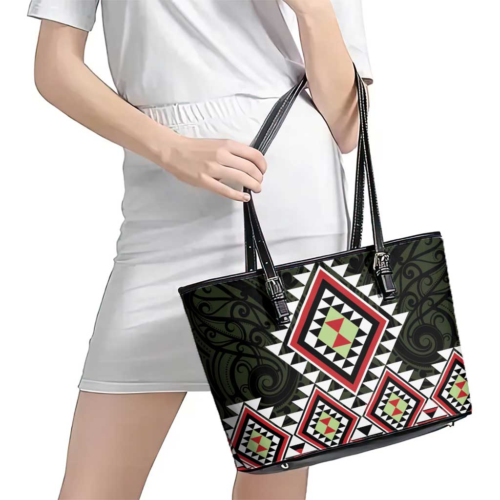 Kia Ora Aotearoa Leather Tote Bag 2025 Pasifika Maori Taniko Motifs LT14 - Polynesian Pride