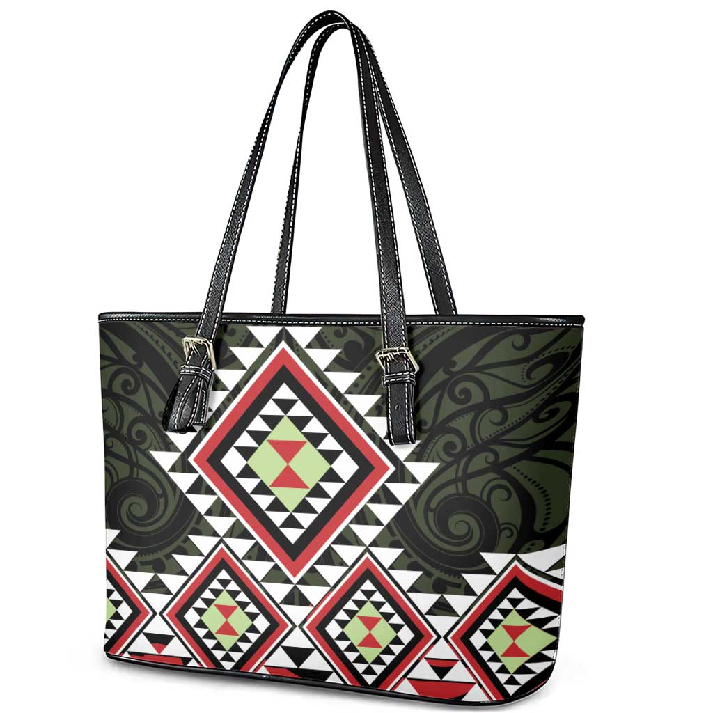 Kia Ora Aotearoa Leather Tote Bag 2025 Pasifika Maori Taniko Motifs LT14 - Polynesian Pride