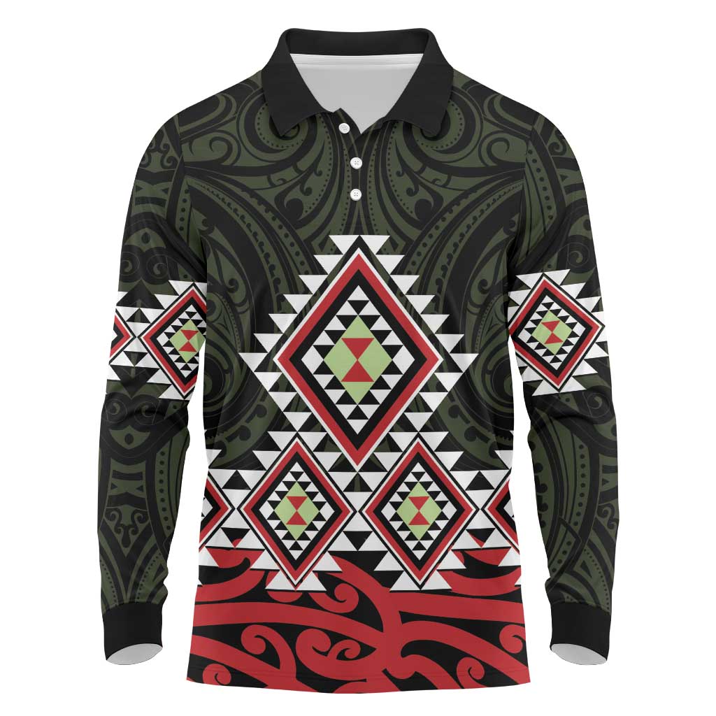 Kia Ora Aotearoa Long Sleeve Polo Shirt 2025 Pasifika Maori Taniko Motifs LT14 Black - Polynesian Pride