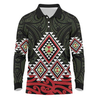 Kia Ora Aotearoa Long Sleeve Polo Shirt 2025 Pasifika Maori Taniko Motifs LT14 Black - Polynesian Pride