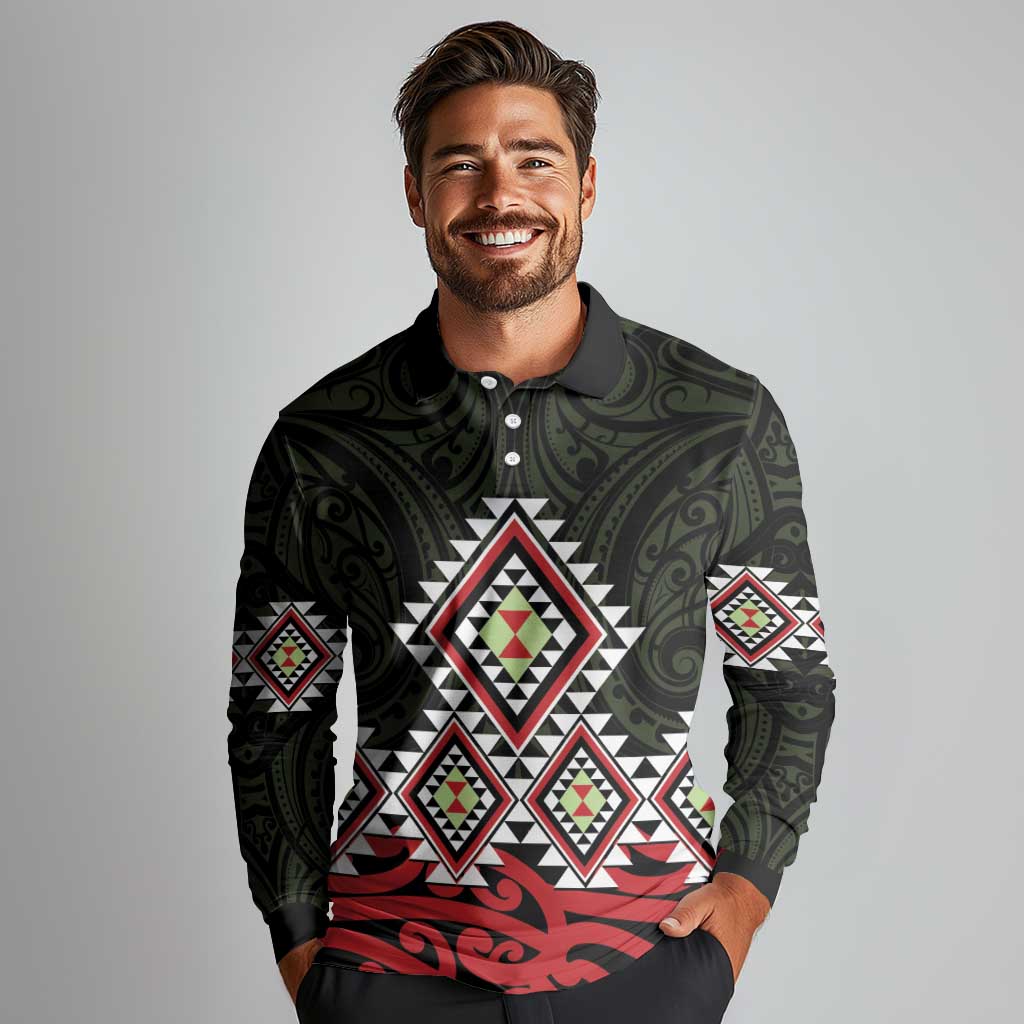 Kia Ora Aotearoa Long Sleeve Polo Shirt 2025 Pasifika Maori Taniko Motifs LT14 - Polynesian Pride