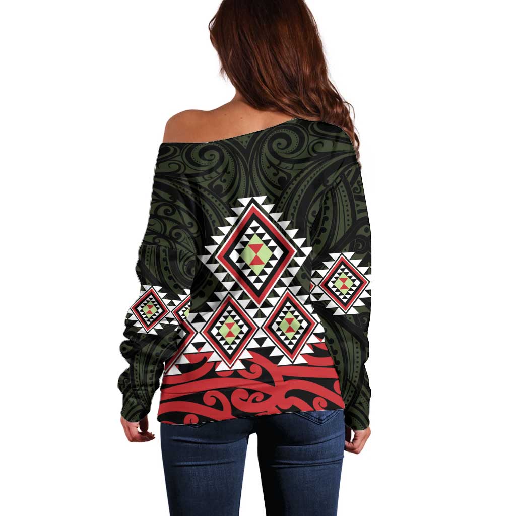 Kia Ora Aotearoa Off Shoulder Sweater 2025 Pasifika Maori Taniko Motifs LT14 - Polynesian Pride