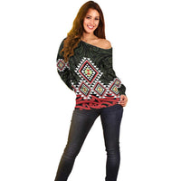Kia Ora Aotearoa Off Shoulder Sweater 2025 Pasifika Maori Taniko Motifs LT14 - Polynesian Pride