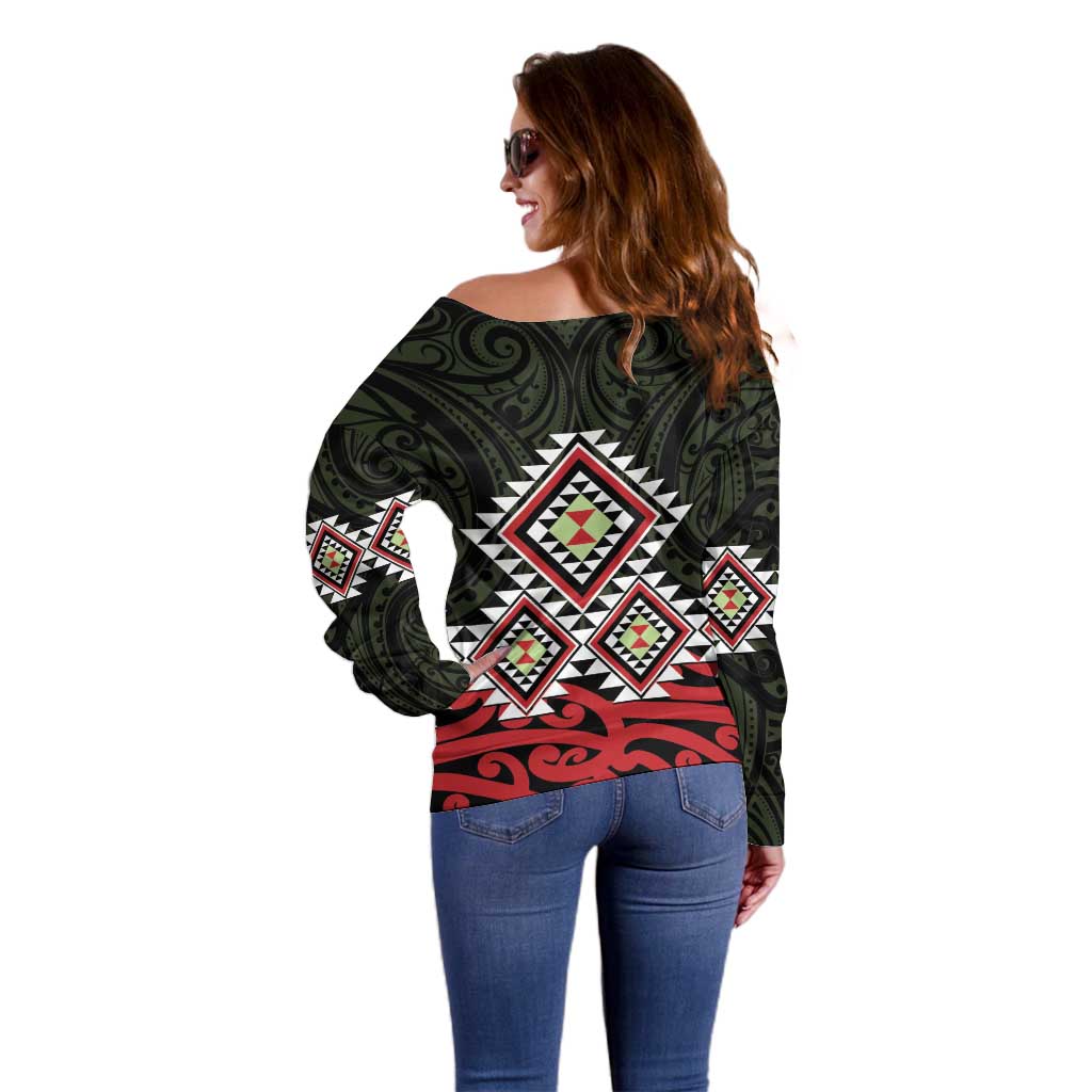 Kia Ora Aotearoa Off Shoulder Sweater 2025 Pasifika Maori Taniko Motifs LT14 - Polynesian Pride