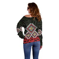 Kia Ora Aotearoa Off Shoulder Sweater 2025 Pasifika Maori Taniko Motifs LT14 - Polynesian Pride