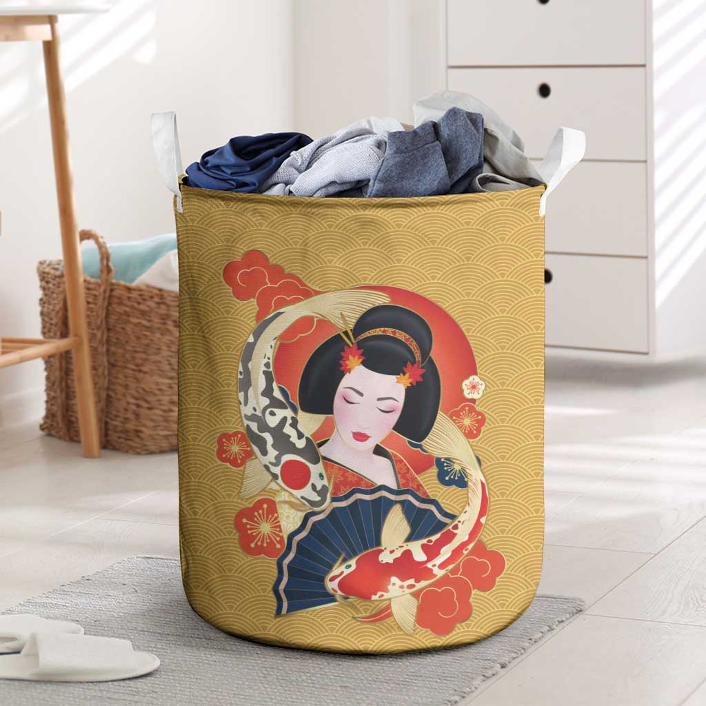 Japanese Geisha Koi Fish Laundry Basket Cherry Blossoms Yellow Seigaiha Pattern LT14 Yellow - Polynesian Pride