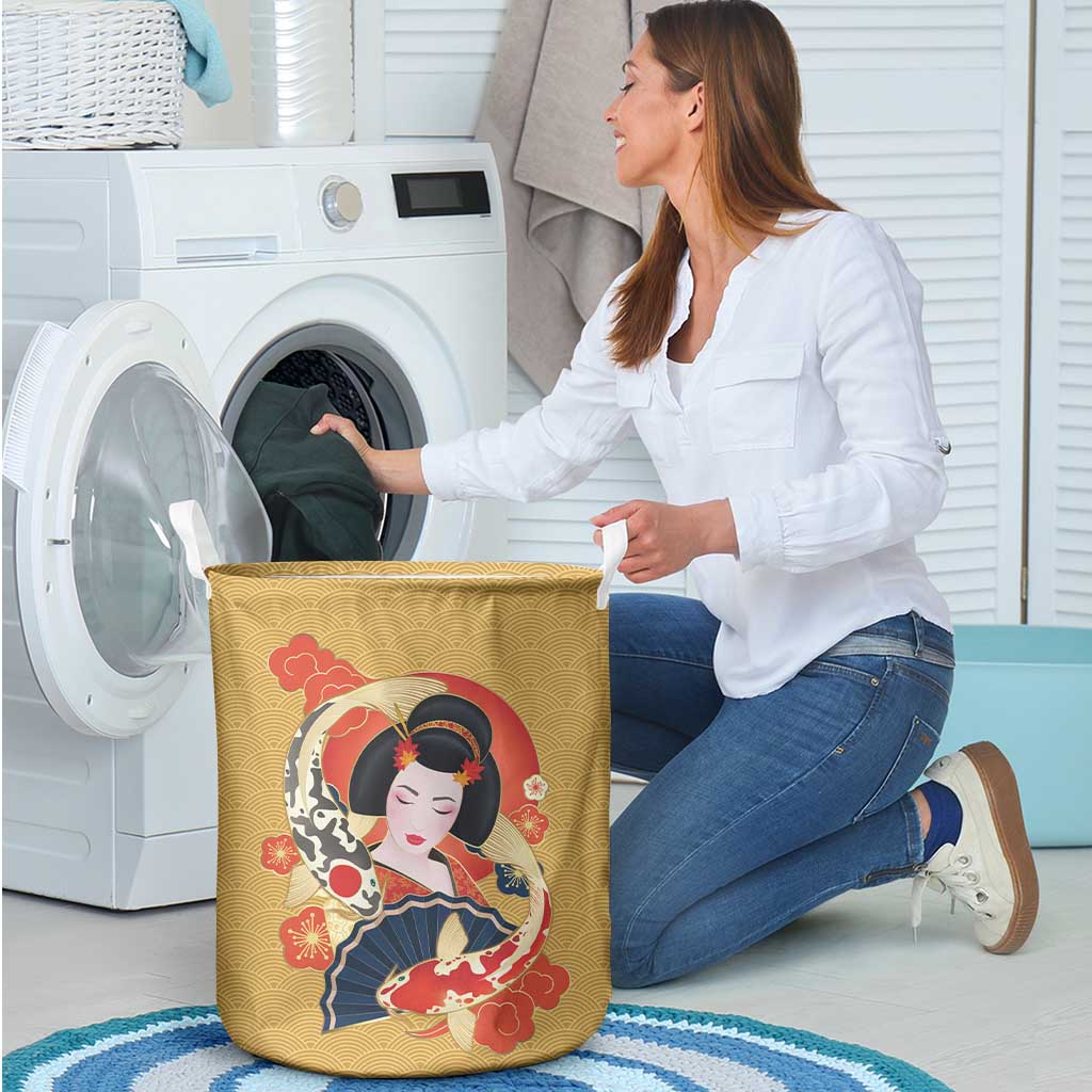 Japanese Geisha Koi Fish Laundry Basket Cherry Blossoms Yellow Seigaiha Pattern LT14 - Polynesian Pride