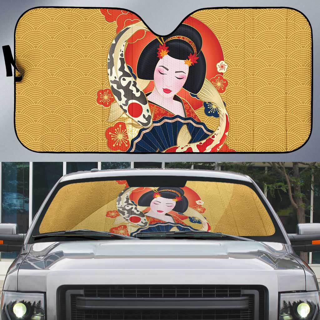 Japanese Geisha Koi Fish Auto Sun Shade Cherry Blossoms Yellow Seigaiha Pattern LT14 Yellow - Polynesian Pride
