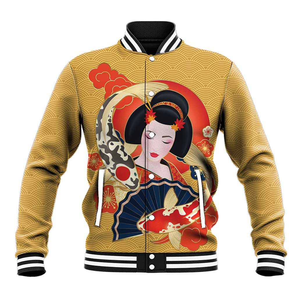 Japanese Geisha Koi Fish Baseball Jacket Cherry Blossoms Yellow Seigaiha Pattern LT14 Unisex Yellow - Polynesian Pride
