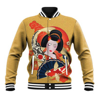 Japanese Geisha Koi Fish Baseball Jacket Cherry Blossoms Yellow Seigaiha Pattern LT14 Unisex Yellow - Polynesian Pride