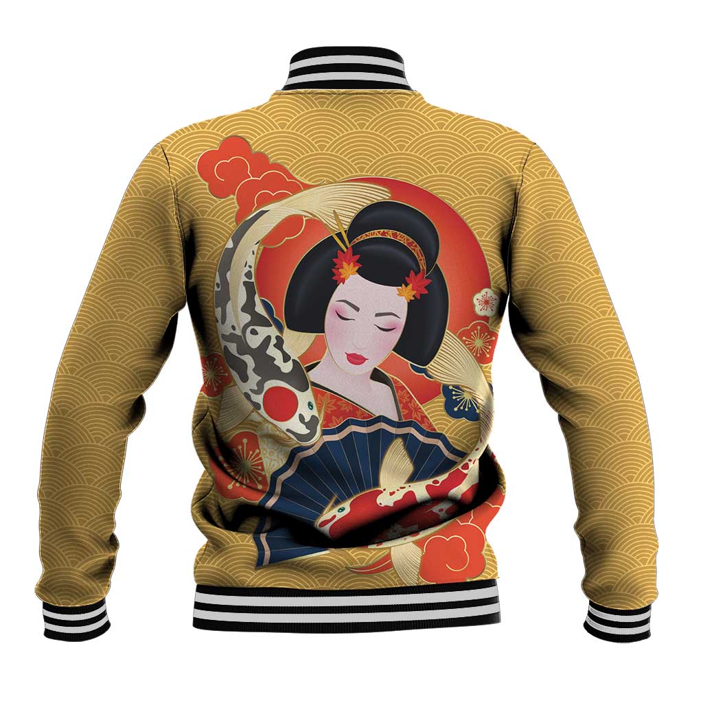 Japanese Geisha Koi Fish Baseball Jacket Cherry Blossoms Yellow Seigaiha Pattern LT14 - Polynesian Pride
