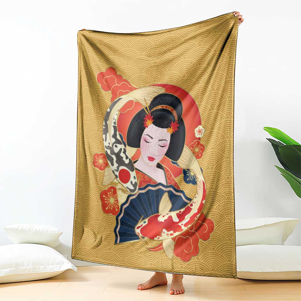 Japanese Geisha Koi Fish Blanket Cherry Blossoms Yellow Seigaiha Pattern LT14 - Polynesian Pride