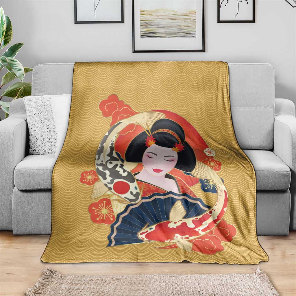 Japanese Geisha Koi Fish Blanket Cherry Blossoms Yellow Seigaiha Pattern LT14 - Polynesian Pride