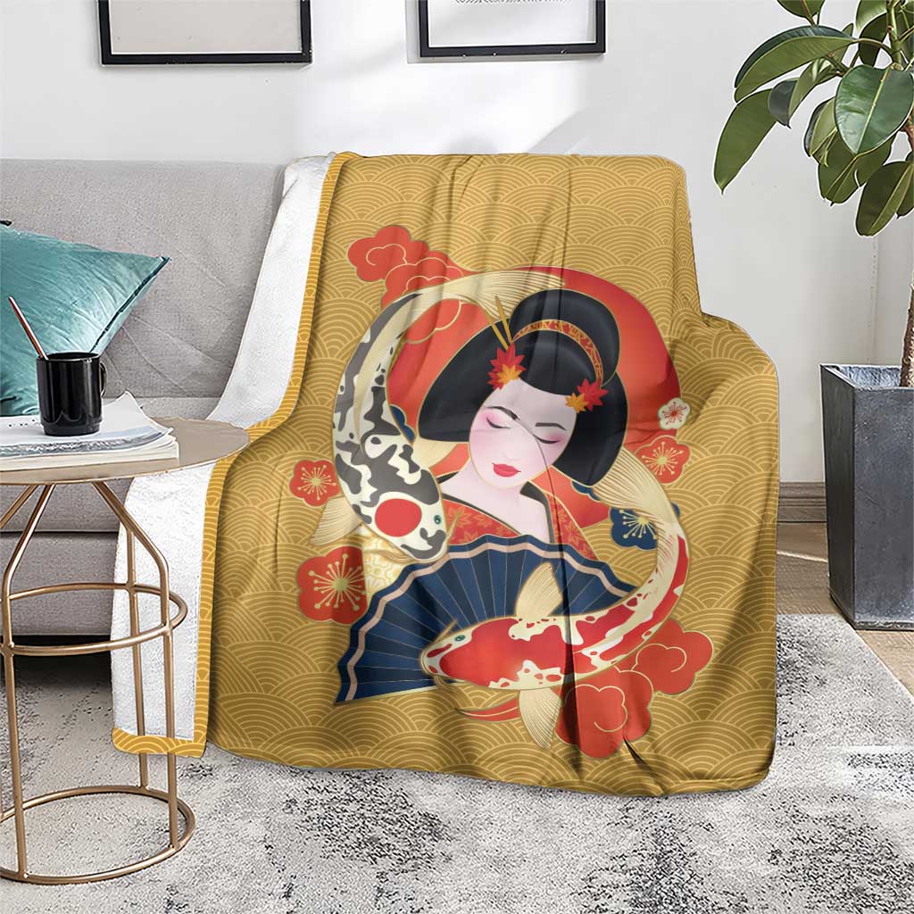 Japanese Geisha Koi Fish Blanket Cherry Blossoms Yellow Seigaiha Pattern LT14 - Polynesian Pride