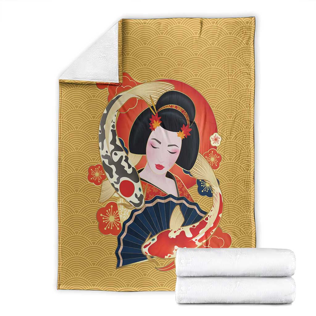 Japanese Geisha Koi Fish Blanket Cherry Blossoms Yellow Seigaiha Pattern LT14 - Polynesian Pride