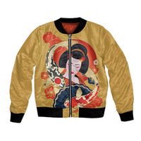 Japanese Geisha Koi Fish Bomber Jacket Cherry Blossoms Yellow Seigaiha Pattern LT14 Unisex Yellow - Polynesian Pride