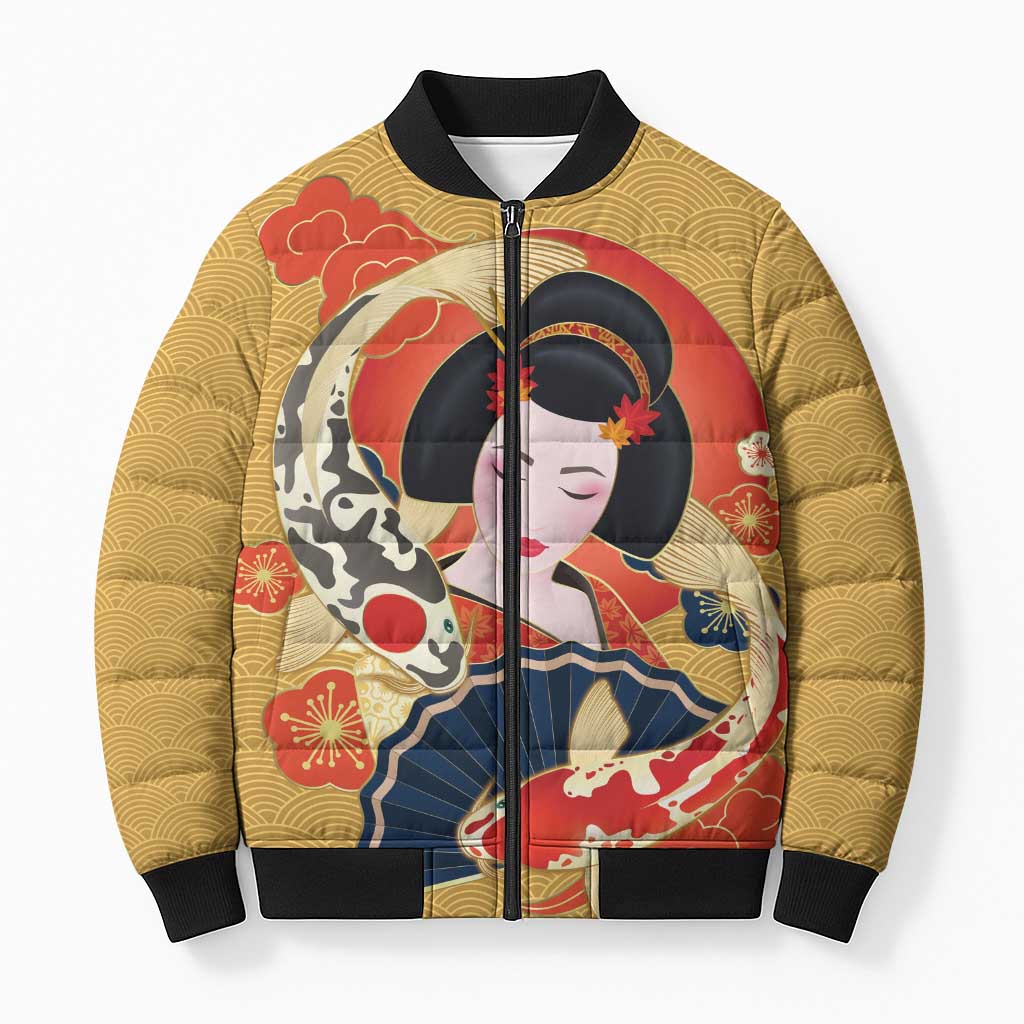 Japanese Geisha Koi Fish Bomber Puffer Jacket Cherry Blossoms Yellow Seigaiha Pattern LT14 Unisex Yellow - Polynesian Pride