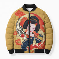 Japanese Geisha Koi Fish Bomber Puffer Jacket Cherry Blossoms Yellow Seigaiha Pattern LT14 Unisex Yellow - Polynesian Pride
