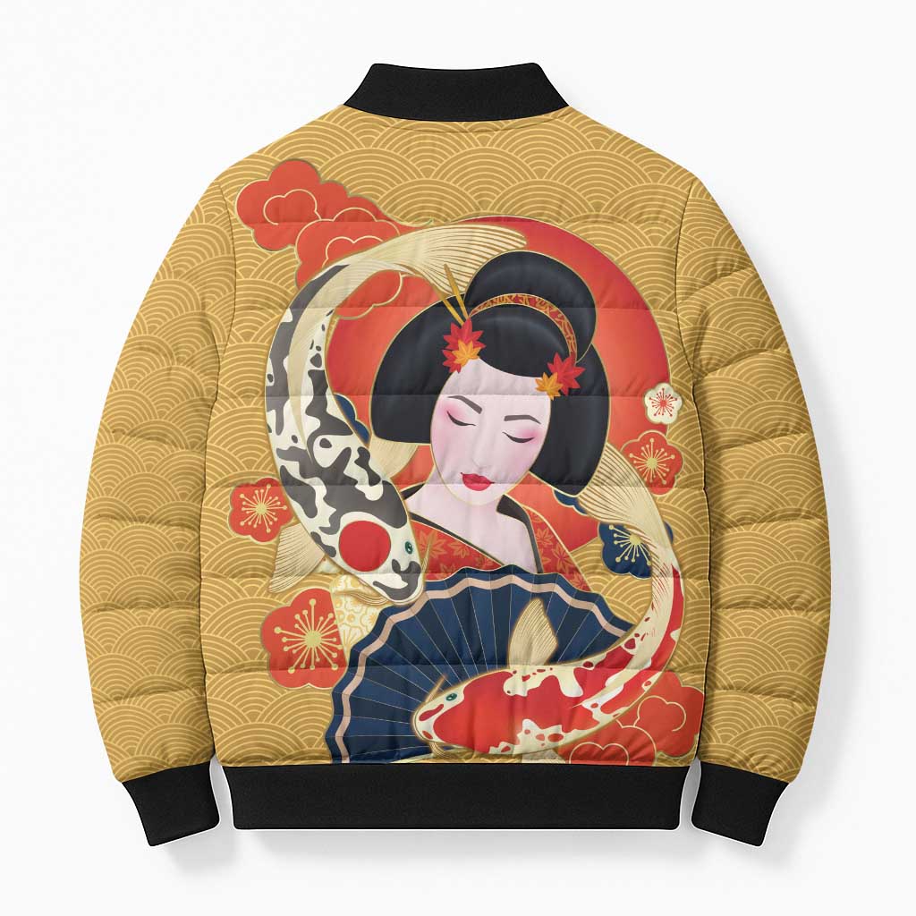 Japanese Geisha Koi Fish Bomber Puffer Jacket Cherry Blossoms Yellow Seigaiha Pattern LT14 - Polynesian Pride