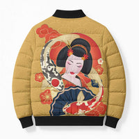 Japanese Geisha Koi Fish Bomber Puffer Jacket Cherry Blossoms Yellow Seigaiha Pattern LT14 - Polynesian Pride