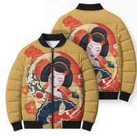 Japanese Geisha Koi Fish Bomber Puffer Jacket Cherry Blossoms Yellow Seigaiha Pattern LT14 - Polynesian Pride