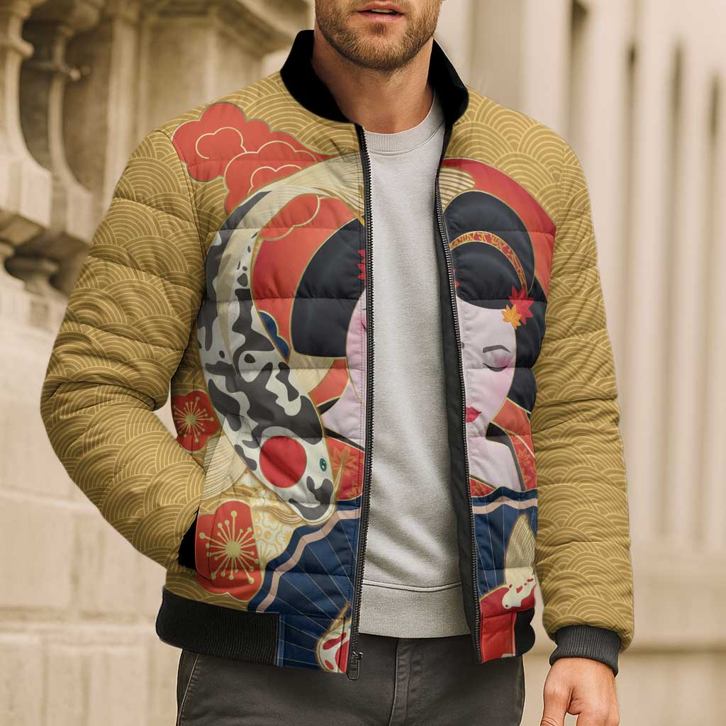 Japanese Geisha Koi Fish Bomber Puffer Jacket Cherry Blossoms Yellow Seigaiha Pattern LT14 - Polynesian Pride