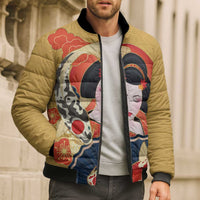Japanese Geisha Koi Fish Bomber Puffer Jacket Cherry Blossoms Yellow Seigaiha Pattern LT14 - Polynesian Pride