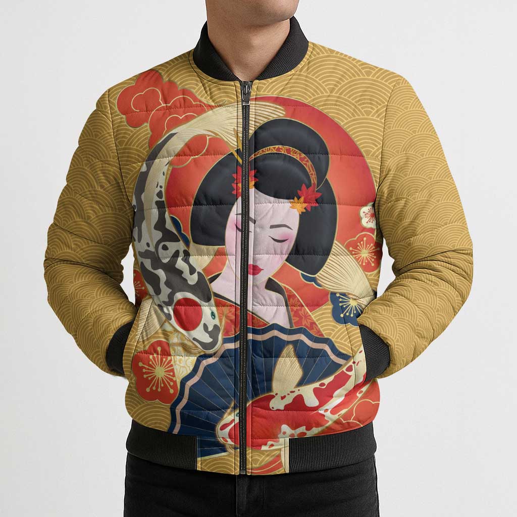 Japanese Geisha Koi Fish Bomber Puffer Jacket Cherry Blossoms Yellow Seigaiha Pattern LT14 - Polynesian Pride