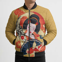 Japanese Geisha Koi Fish Bomber Puffer Jacket Cherry Blossoms Yellow Seigaiha Pattern LT14 - Polynesian Pride